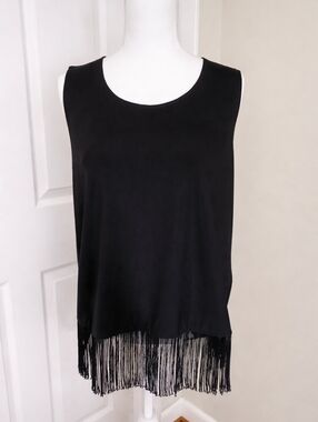 Tribal Black Fringe Tank Top NWT Size L Festival Western Concert Office Siren